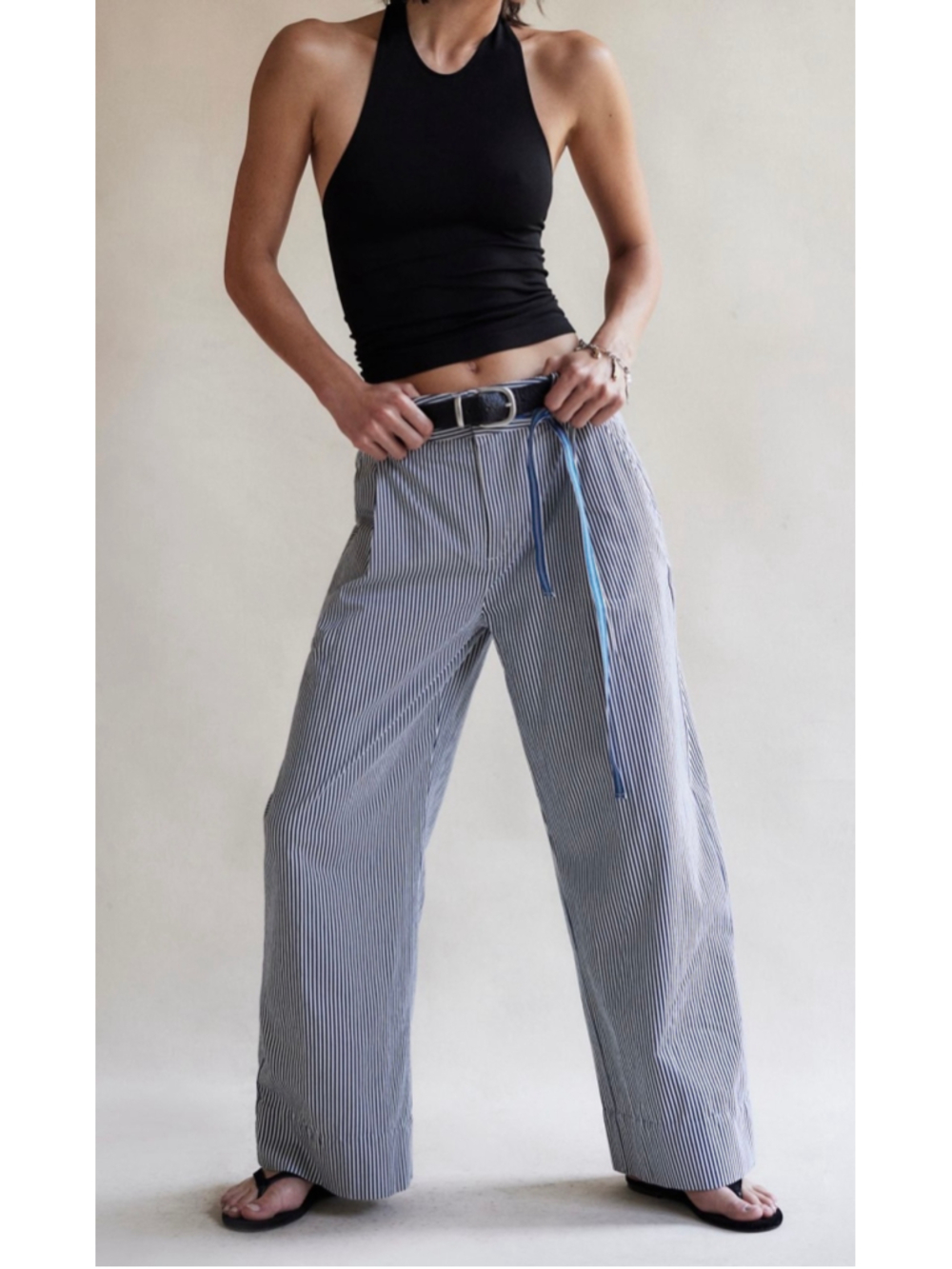 Free People Wide Leg Buckle Back Pant Trouser Size 0 Ivory Blue Stripe